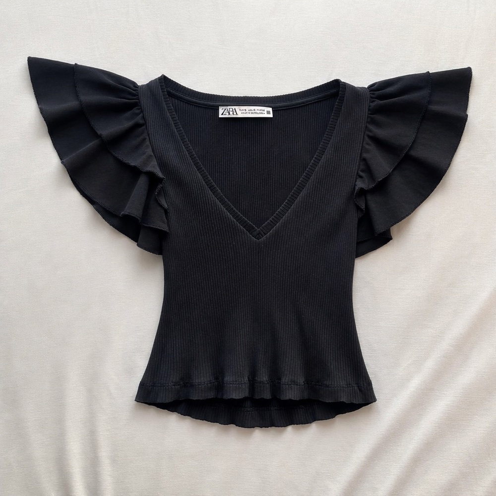Zara Elegant Black Flutter Sleeve Blouse